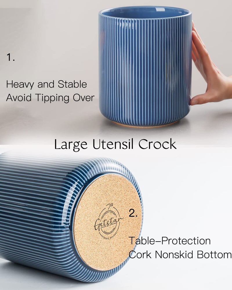 getstar Large Kitchen Utensil Holder for Kitchen Counter (H7.2” x W6.2”), Ceramic Cooking Utensil Holder with Cork Mat (Navy, Large(7.2")) - Image 3