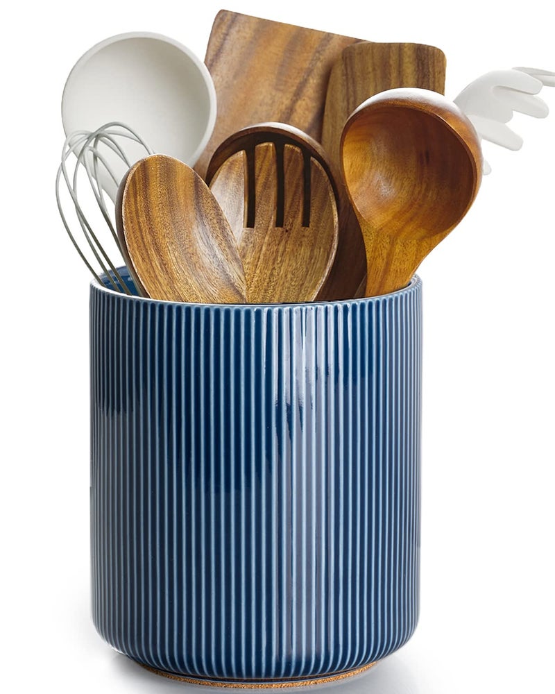 getstar Large Kitchen Utensil Holder for Kitchen Counter (H7.2” x W6.2”), Ceramic Cooking Utensil Holder with Cork Mat (Navy, Large(7.2")) - Image 1