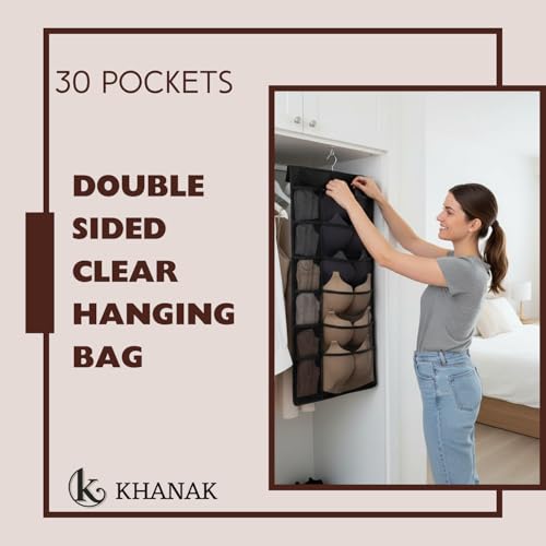 KHANAK 30 Pockets Double Sided Clear Hanging Bag Underwear Bra Socks Hanger Storage Organizer Wall Hanging Closet Shelves Storage Pockets (Black, Pack 1) - Image 3
