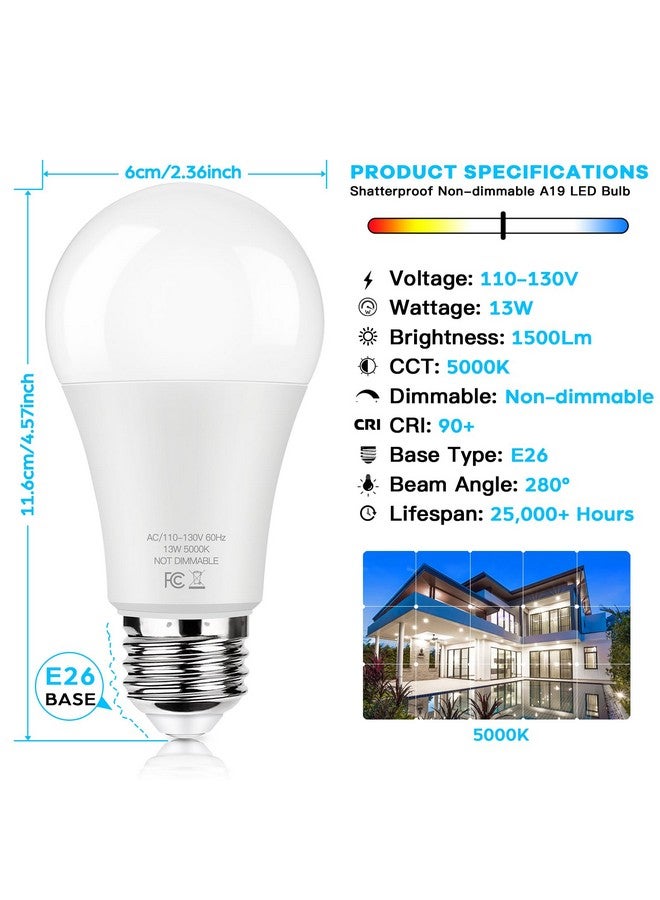 Brightever LED Light Bulbs 100W Equivalent 1500 Lumens, A19 13W 5000K Daylight White Non-Dimmable, Super Bright No Flicker Standard E26 Edison Screw Bulbs for Home, Bedroom, Office Lamp, 12-Pack - Image 4