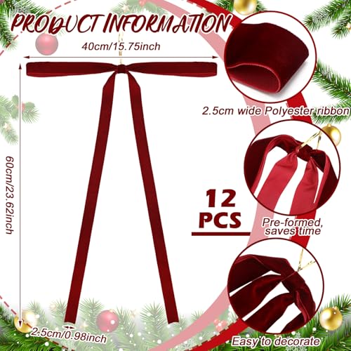 Janinka 12 Pcs Burgundy Long Velvet Bow Ornaments Christmas Swag 235x155 Inch Vintage Large Velvet Christmas Staircase Wreath Bows Tree Topper Bows Large Bow for Outdoor - Image 3