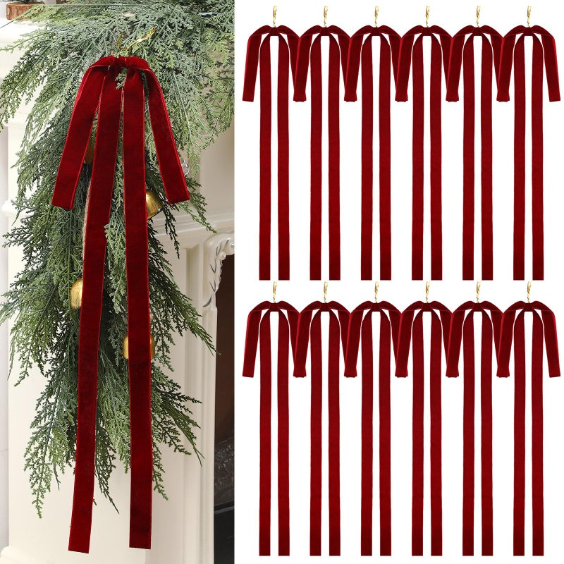 Janinka 12 Pcs Burgundy Long Velvet Bow Ornaments Christmas Swag 235x155 Inch Vintage Large Velvet Christmas Staircase Wreath Bows Tree Topper Bows Large Bow for Outdoor - Image 2