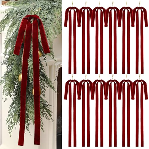 Janinka 12 Pcs Burgundy Long Velvet Bow Ornaments Christmas Swag 235x155 Inch Vintage Large Velvet Christmas Staircase Wreath Bows Tree Topper Bows Large Bow for Outdoor - Image 1
