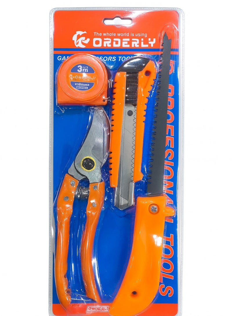 أوردرلي طقم أدوات حدائق 4-في-1 من ORDERLY – GARDEN SCISSORS TOOL SET مقص تقليم + منشار يدوي قابل للطي + قاطع متعدد الاستخدام + شريط قياس 3 م × 19 مم، مقابض مريحة مضادة للانزلاق، لون برتقالي/أزرق. - Image 1