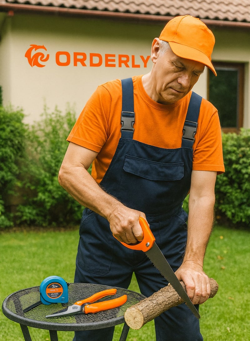 أوردرلي طقم أدوات حدائق 4-في-1 من ORDERLY – GARDEN SCISSORS TOOL SET مقص تقليم + منشار يدوي قابل للطي + قاطع متعدد الاستخدام + شريط قياس 3 م × 19 مم، مقابض مريحة مضادة للانزلاق، لون برتقالي/أزرق. - Image 3