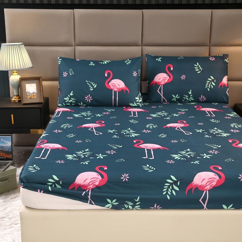 Twin Pink Heron Animal Plant Bedding Set 3 Piece Fitted Sheet Pillowcases Soft Breathable Machine Washable - Image 4