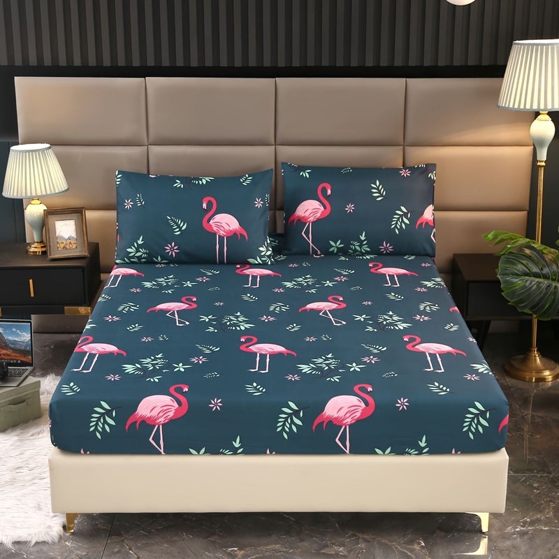 Twin Pink Heron Animal Plant Bedding Set 3 Piece Fitted Sheet Pillowcases Soft Breathable Machine Washable - Image 1