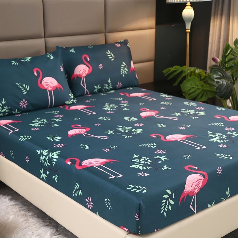Twin Pink Heron Animal Plant Bedding Set 3 Piece Fitted Sheet Pillowcases Soft Breathable Machine Washable - Image 3
