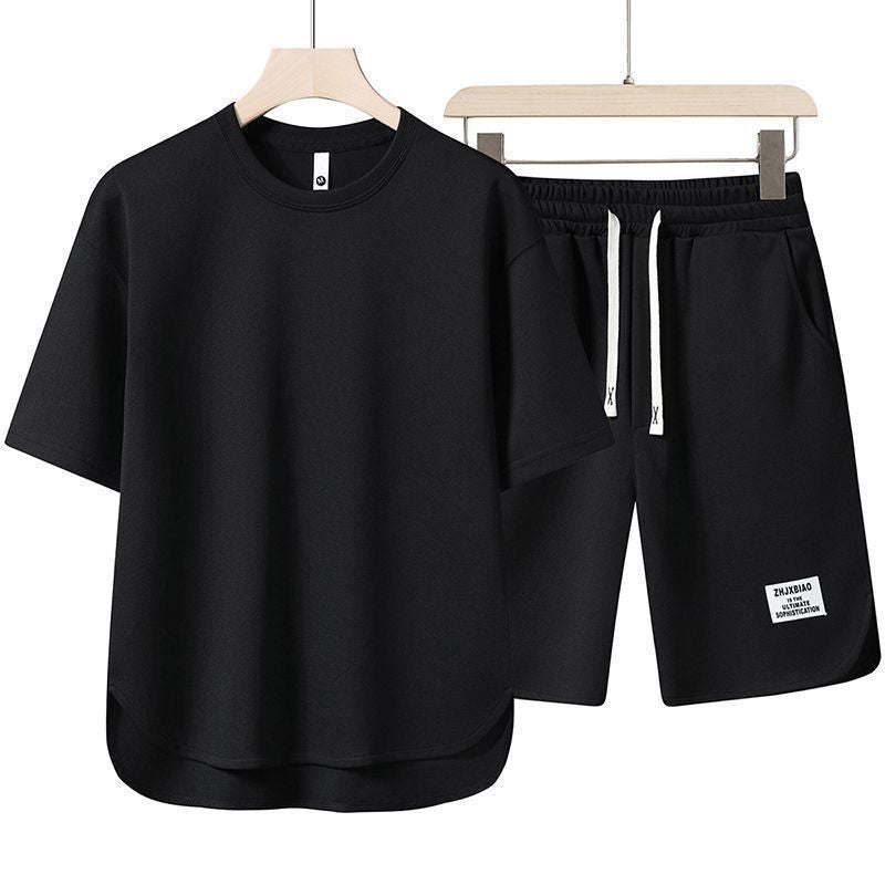 Mens Suit 2023 New Summer Trendyy Short-Sleeved T-Shirt Mens Quick-Drying Pure Color Sports Short-Sleeved Shorts Tz818 black suit
