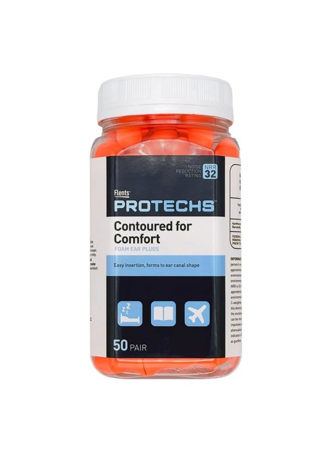 Flents Protechs Foam Ear Plugs, Contoured for Comfort, Ideal for Work with Loud Noise, Heavy Machinery, Construction, Studying & Traveling, NRR 32, Orange, Easy to Use, Made in The USA, 50 Pair - Image 1