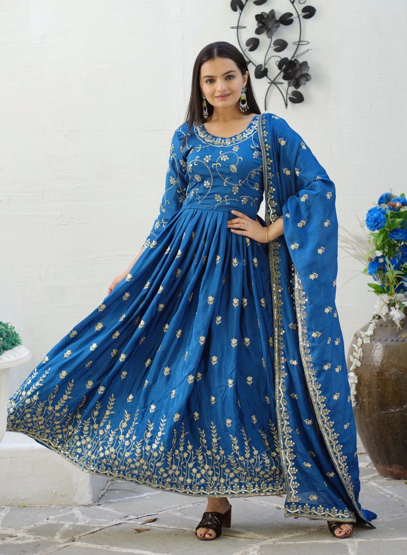Designer Embroidered Chinnon Blue gown with sequence embroidered work - Image 1