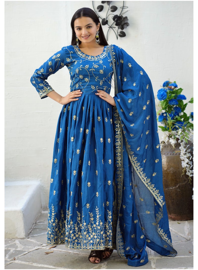 Designer Embroidered Chinnon Blue gown with sequence embroidered work - Image 2