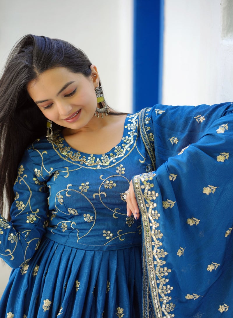 Designer Embroidered Chinnon Blue gown with sequence embroidered work - Image 3