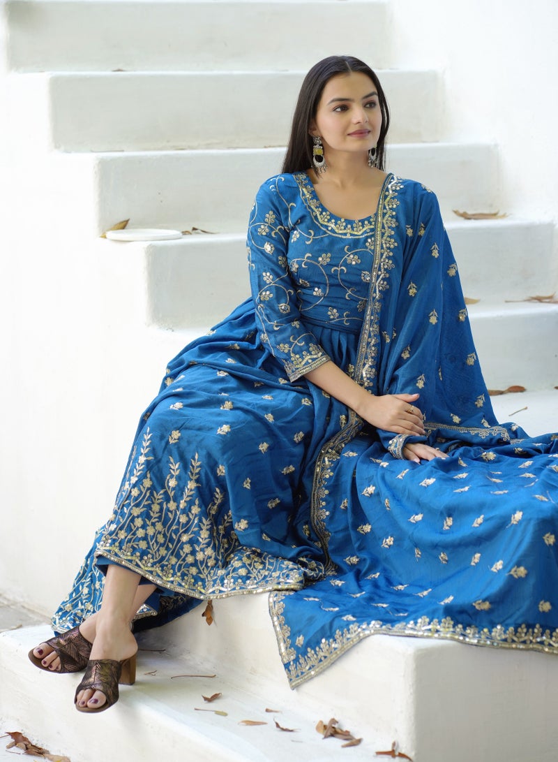 Designer Embroidered Chinnon Blue gown with sequence embroidered work - Image 4