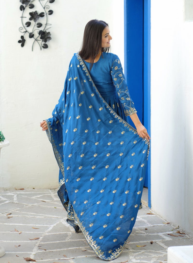 Designer Embroidered Chinnon Blue gown with sequence embroidered work - Image 5
