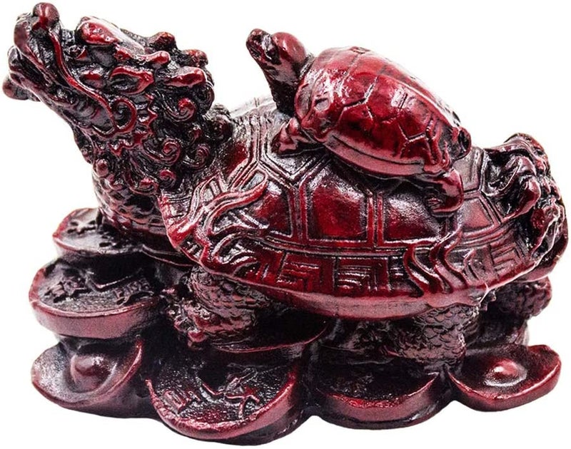 Addune Feng Shui Dragon Turtle Statue Lucky Wealth Protection Chinese Dragon Tortoise Figurine Sitting on Coins and Ingots Paperweights Gift Home Decor Dark Red - Image 1