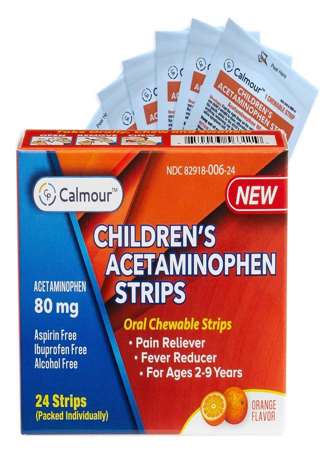 CALMOUR Children's Acetaminophen 24 Strips | Pain Reliever & Fever Reducer | Fast-Acting Support for Cold & Flu Symptoms | Oral Chewable Strips for Kids Ages 2-9 | Travel Size, Orange Flavor - Image 1