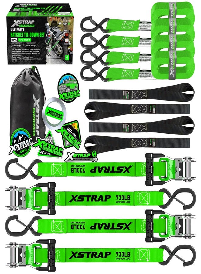 XSTRAP STANDARD Motorcycle Tie Down Strap (4PK) - 2,200lb Break Strength 15ft Ratchet Tie Down Straps Set, Soft Loop Ratchet Straps for Moving Appliances, Lawn Equipment, Cargo Straps for Truck, Green - Image 1