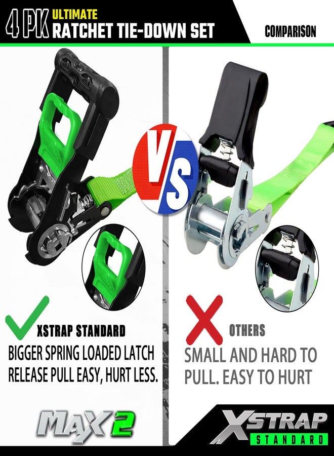 XSTRAP STANDARD Motorcycle Tie Down Strap (4PK) - 2,200lb Break Strength 15ft Ratchet Tie Down Straps Set, Soft Loop Ratchet Straps for Moving Appliances, Lawn Equipment, Cargo Straps for Truck, Green - Image 4