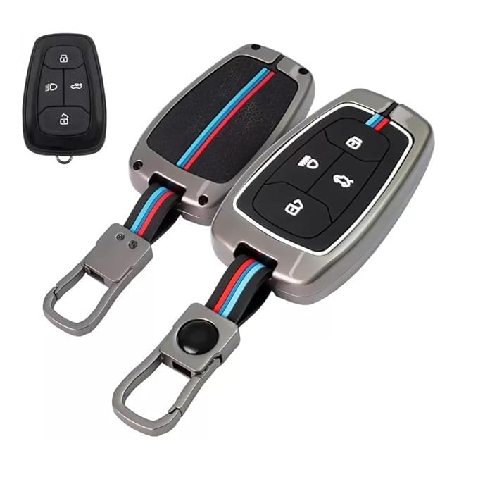 Shopsidex Metal Silicon Key Cover Compatible with Tata Nexon, Harrier | Safari | Altroz | Tigor | Ev | Punch | Tiago Ev Electric 4 Button Smart Key Feature Visible in Low-Light Condition, Black - Image 1
