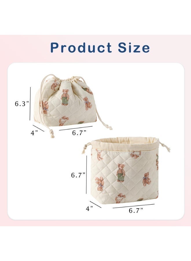 OSHIMA Cotton Quilted Drawstring Makeup Bag, Drawstring Quilted Makeup Bag, Aesthetic Cute Floral Cosmetic Bag set, Coquette Makeup Pouch Large Travel Toiletry Bag for Women Girls - Image 2