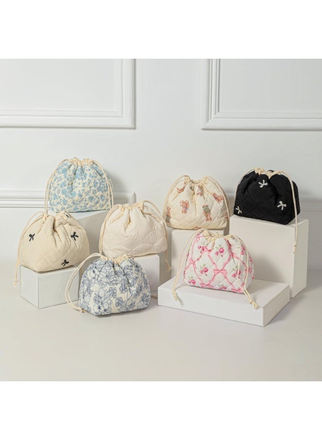 OSHIMA Cotton Quilted Drawstring Makeup Bag, Drawstring Quilted Makeup Bag, Aesthetic Cute Floral Cosmetic Bag set, Coquette Makeup Pouch Large Travel Toiletry Bag for Women Girls - Image 3