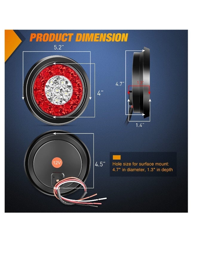 Generic 4" Round Red White LED, Trailer Tail Lights 16LEDs, Flush Mount Grommets IP67 Waterproof Stop Brake Running Reverse Light, for Trucks Trailer RV, 2 Pcs  - Image 2
