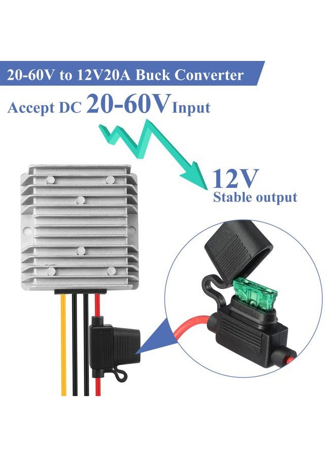 YABOANG DC/DC Converter Buck 20-60V to 12V,DC/DC Voltage Converter 20V/24V/36V/48V/60V to 12V20A 240W MAX Power Transformer Waterproof Step Down Module for Automotive, LED Lights, Trucks, Tools - Image 2