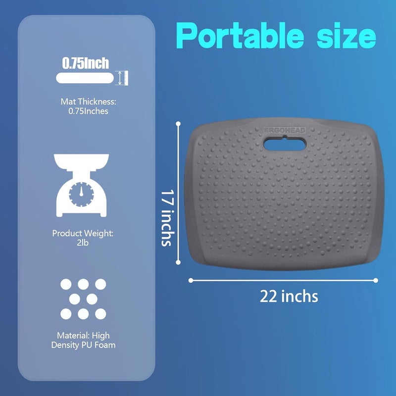 ergohead 3/4 inch Anti Fatigue Comfort Standing Mat, Portable Office Standing Desk Pad, Non Slip Kitchen Mat, Built-in Handle with Massage Points Comfort Floor Mat (Gray, 17" x 22") - Image 4
