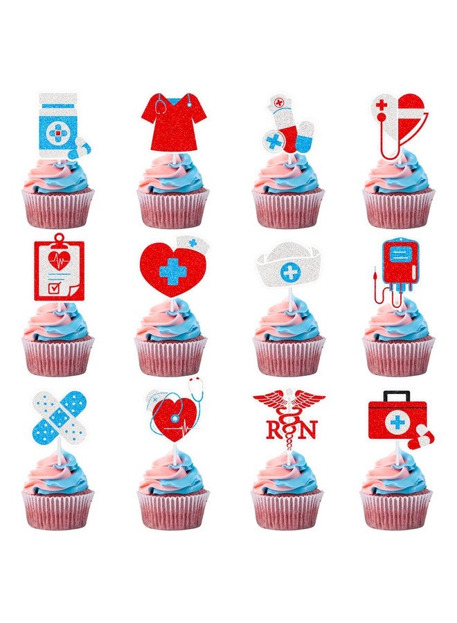 Whaline 48Pcs Nurse Cupcake Toppers Glitter Nursing School Graduation Cupcake Picks Medical Instruments Pills Shape Cake Food Sticks for Nurse Grad 2025 Retirement Party Supplies Cake Decor, 12 Design - Image 1