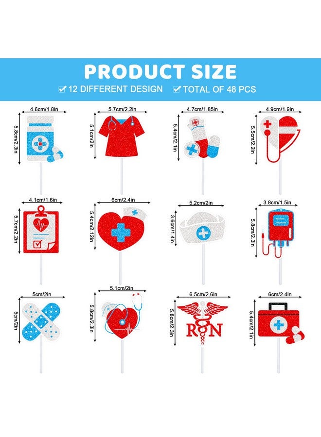 Whaline 48Pcs Nurse Cupcake Toppers Glitter Nursing School Graduation Cupcake Picks Medical Instruments Pills Shape Cake Food Sticks for Nurse Grad 2025 Retirement Party Supplies Cake Decor, 12 Design - Image 2