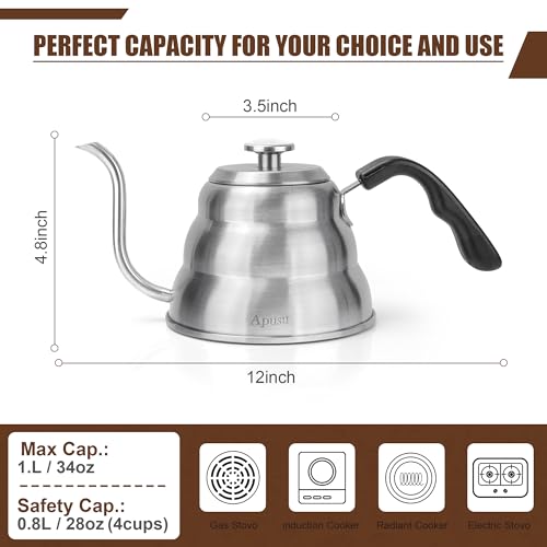 Apusu Pour Over Kettle for Manual Drip Coffee and Tea with Thermometer 28oz Gooseneck Kettle with Flow Control Stainless Steel Water Kettle for Stovetop,800ml,4 Cup,Silver,1Pack - Image 3