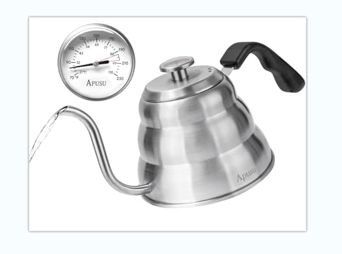 Apusu Pour Over Kettle for Manual Drip Coffee and Tea with Thermometer 28oz Gooseneck Kettle with Flow Control Stainless Steel Water Kettle for Stovetop,800ml,4 Cup,Silver,1Pack - Image 1