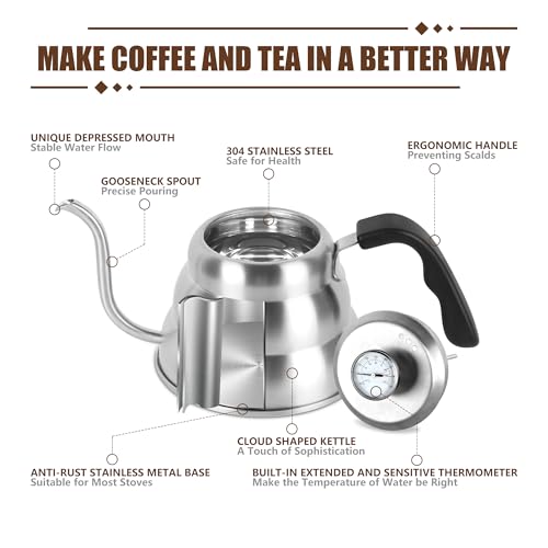 Apusu Pour Over Kettle for Manual Drip Coffee and Tea with Thermometer 28oz Gooseneck Kettle with Flow Control Stainless Steel Water Kettle for Stovetop,800ml,4 Cup,Silver,1Pack - Image 4