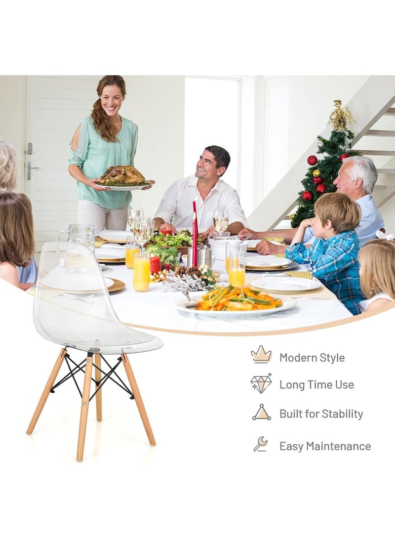 Modern Transparent Plast Style Plastic Dining Chair Mid Century Modern DSW Chair, Shell Lounge Plastic Chair with Natural Wooden Legs for Office, Kitchen, Dining, Bedroom, Living Room Side Chair Clear