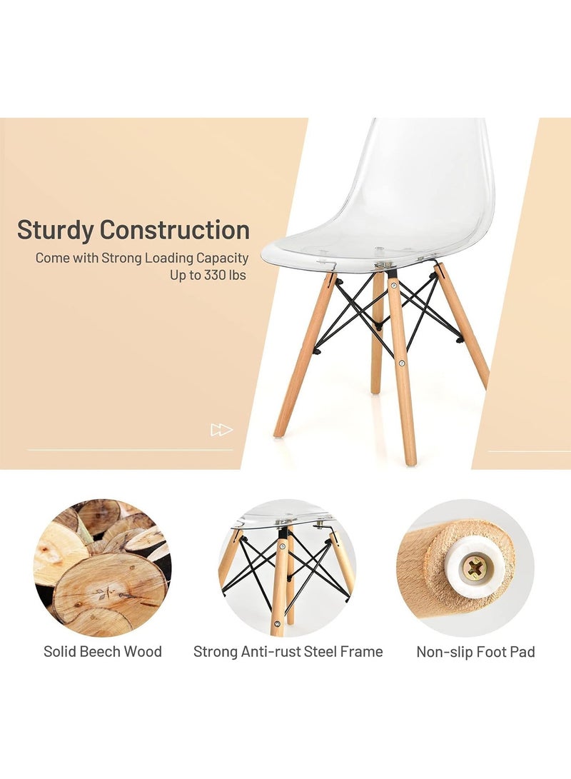 Modern Transparent Plast Style Plastic Dining Chair Mid Century Modern DSW Chair, Shell Lounge Plastic Chair with Natural Wooden Legs for Office, Kitchen, Dining, Bedroom, Living Room Side Chair Clear