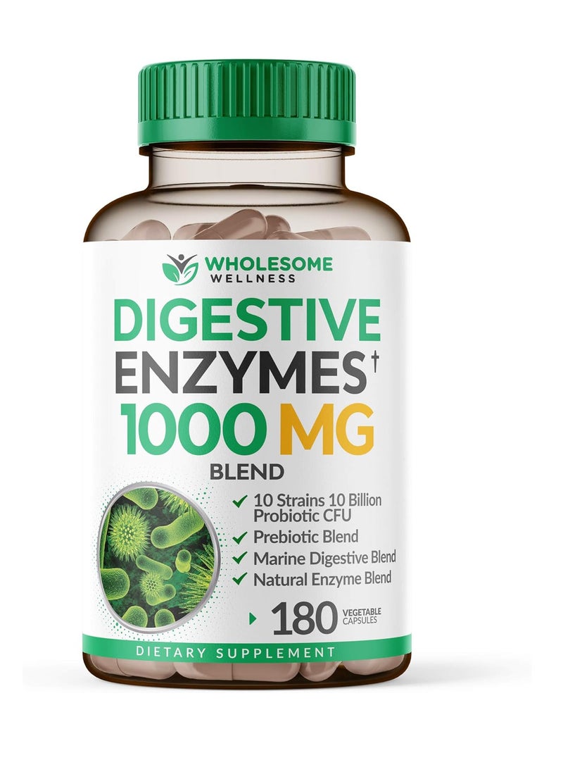 Wholesome Wellness Digestive Enzymes 1000MG Plus Prebiotics & Probiotics Supplement, 180 Capsules  - Image 1