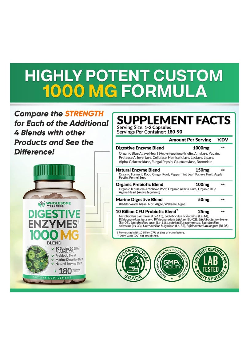 Wholesome Wellness Digestive Enzymes 1000MG Plus Prebiotics & Probiotics Supplement, 180 Capsules  - Image 3