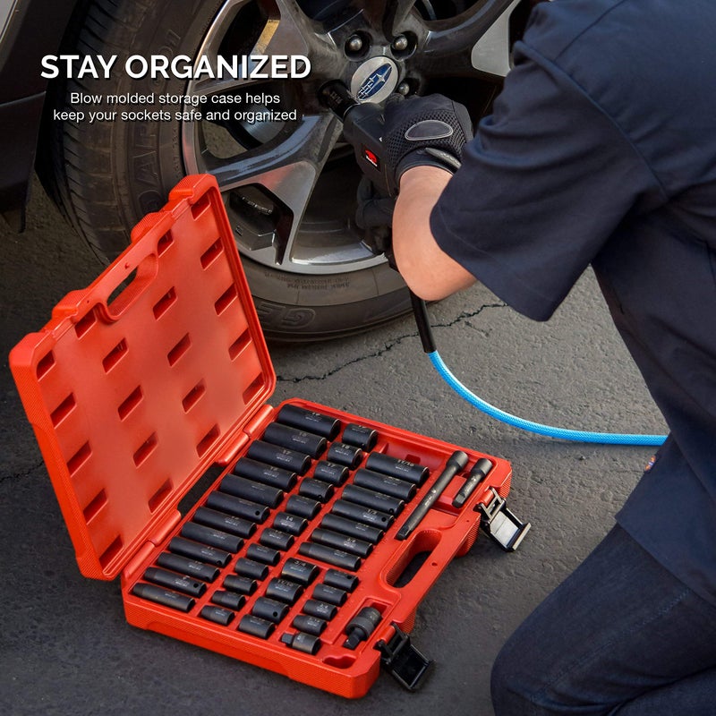 NEIKO 02440A 3/8-Inch-Drive Impact Socket Set, SAE Sizes 5/16" to 3/4" and Metric Sizes 8 mm to 19 mm, Includes Extension Bars and U-Joint, 44 Pieces - Image 3