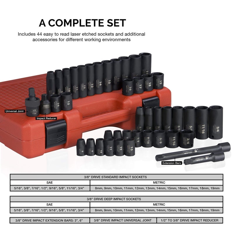 NEIKO 02440A 3/8-Inch-Drive Impact Socket Set, SAE Sizes 5/16" to 3/4" and Metric Sizes 8 mm to 19 mm, Includes Extension Bars and U-Joint, 44 Pieces - Image 2