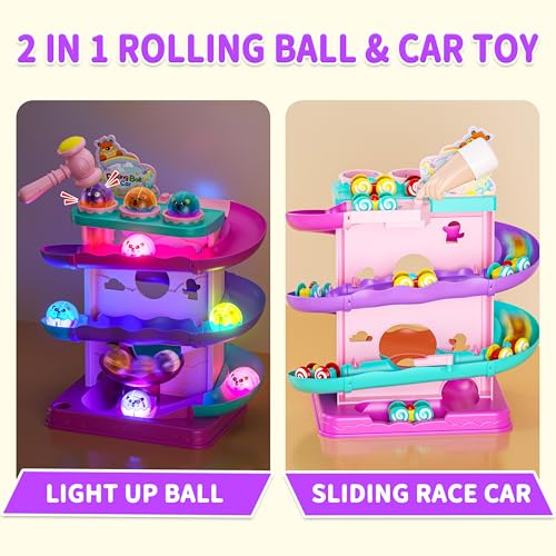 Funwee 2in1 Rolling Ball Racing Car Ramp Toy for Toddlers Race Track Hammer Lights Ball Drop Interactive Montessori Learning Game Birthday Gift Idea for Kids 2 3 4 5Year Old Girl BoyPink - Image 5