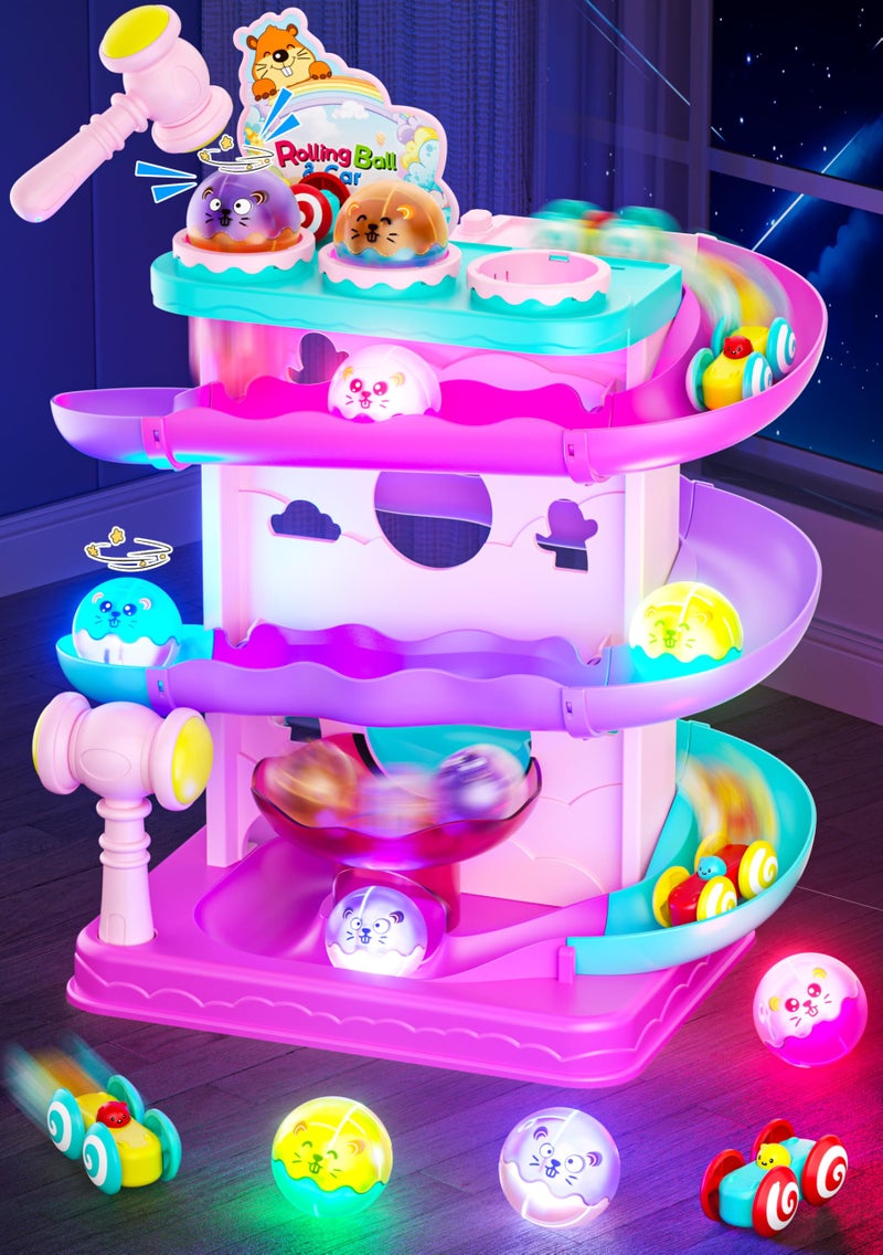 Funwee 2in1 Rolling Ball Racing Car Ramp Toy for Toddlers Race Track Hammer Lights Ball Drop Interactive Montessori Learning Game Birthday Gift Idea for Kids 2 3 4 5Year Old Girl BoyPink - Image 3