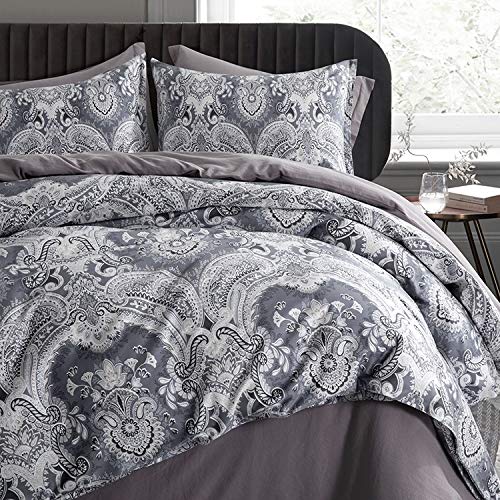 Eikei Moroccan Paisley Duvet Cover 3pc Set Bohemian Bedding Boteh Damask Medallion 400TC Egyptian Cotton Sateen Luxury Ombre Style Bed Linen Oxford Grey Super King
