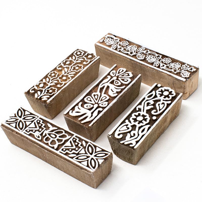 TWOGRAMS | Set of 5 | Wooden Indian Traditional Design Printing Stamps/Blocks for Printing Saree Border/Dresses/Craft Card Making/Scrapbook/Clay Pottery - Image 1