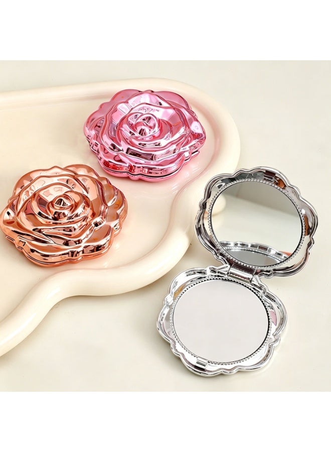 3 Pcs 3D Rose Foldable Makeup Compact Mirror, Electroplated Double Sided Pocket Flower Cosmetic Mirror, Portable Mini Travel Touch Up Mirror Silver Pink Rose Gold for Women Students Daily Use & Gift - Image 1