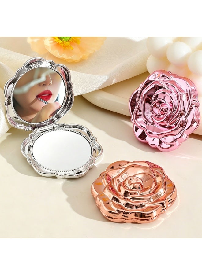 3 Pcs 3D Rose Foldable Makeup Compact Mirror, Electroplated Double Sided Pocket Flower Cosmetic Mirror, Portable Mini Travel Touch Up Mirror Silver Pink Rose Gold for Women Students Daily Use & Gift - Image 2