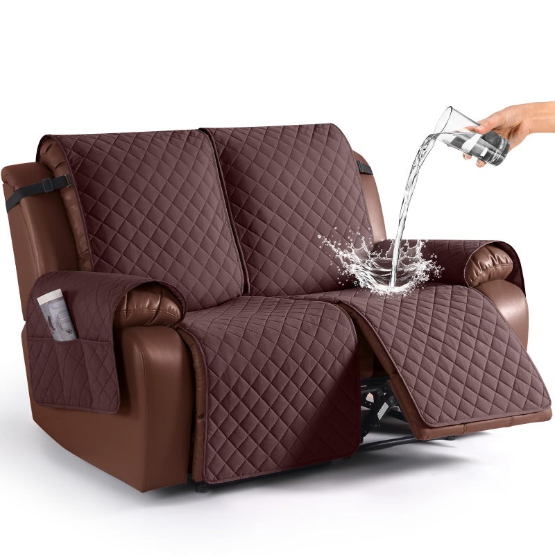 KinCam Waterproof Loveseat Recliner Cover NonSlip Reclining Couch Covers for 2 Seat Recliner Sofa Cover Furniture Protector with Elastic Straps for Kids Pets Coffee