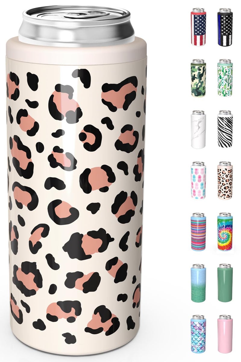 TILUCK Skinny Can Cooler for Slim Beer  Hard Seltzer Stainless Steel DoucleWalled Stainless Steel Insulated Slim Cans Standard 12 oz Leopard Print