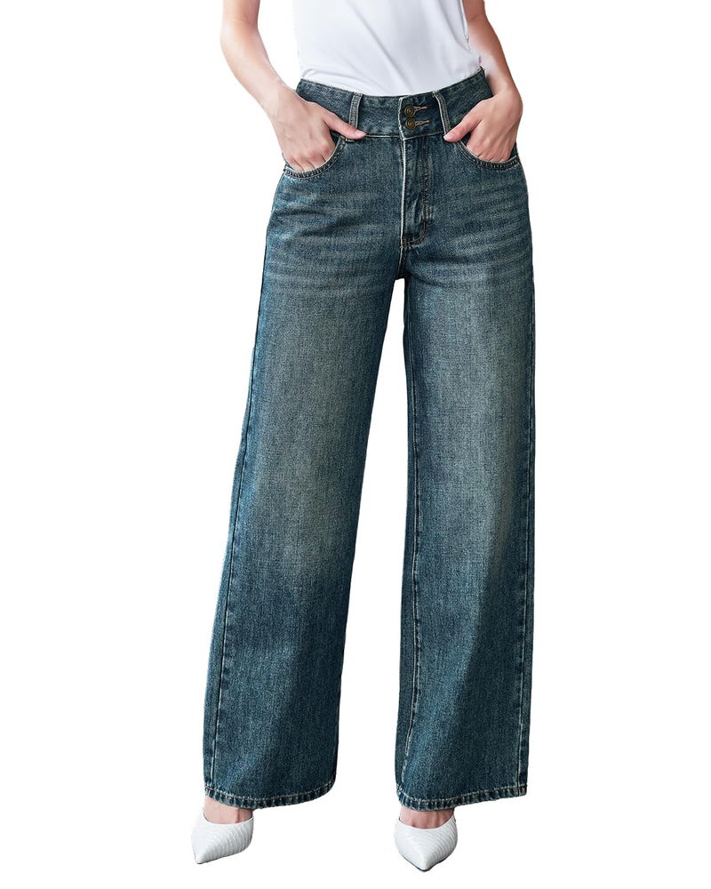 UPNET Womenâ€™s High Waisted Baggy Jeans â€“ Stretchy Wide Leg Tummy Control Straight Leg Denim Pants Trendy Jeans for Women 2025 (US, Numeric, 12, Regular, Regular, Vintage Blue) - Image 1
