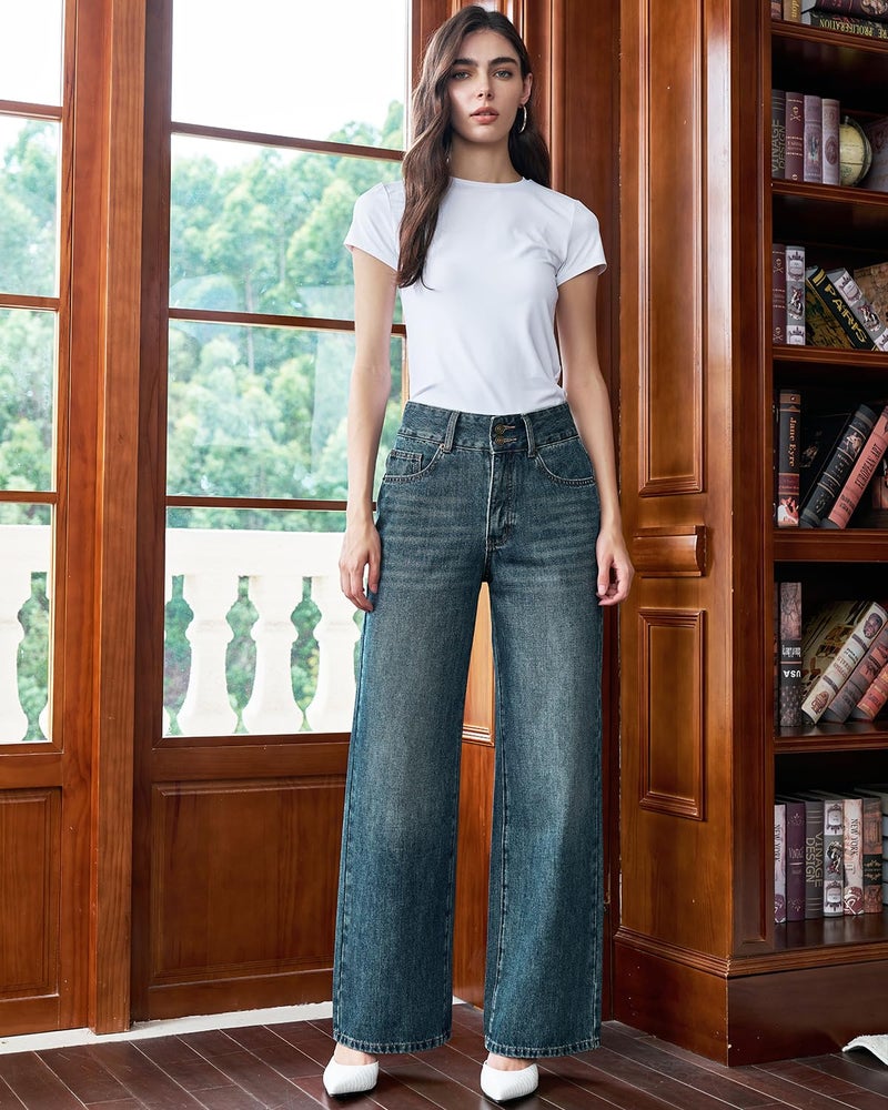 UPNET Womenâ€™s High Waisted Baggy Jeans â€“ Stretchy Wide Leg Tummy Control Straight Leg Denim Pants Trendy Jeans for Women 2025 (US, Numeric, 12, Regular, Regular, Vintage Blue) - Image 2